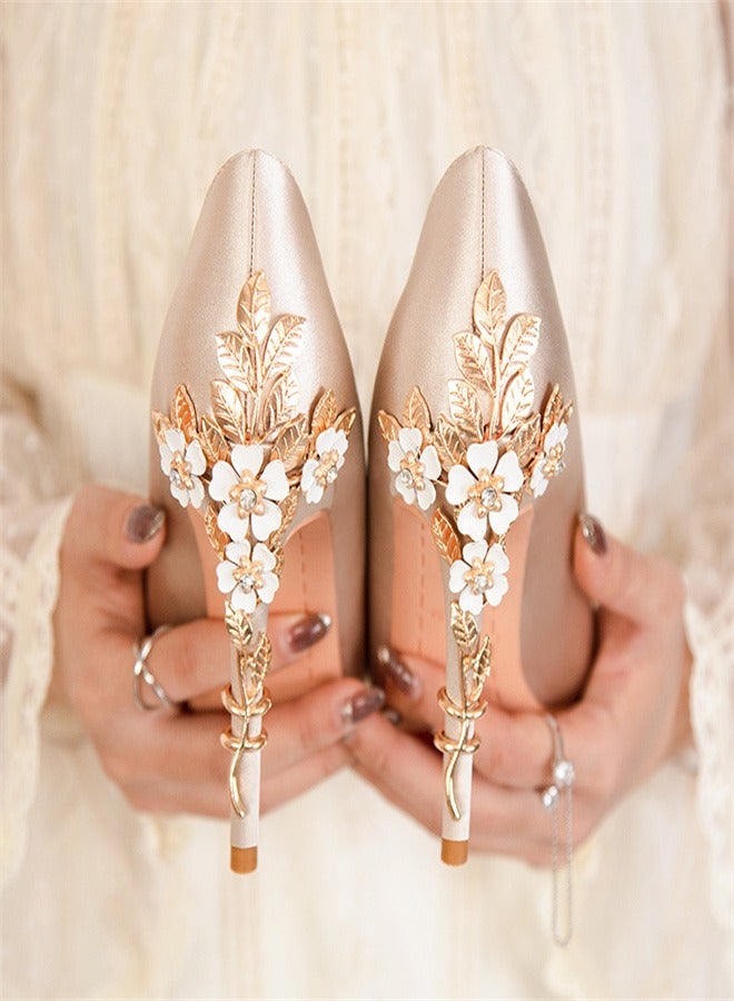 Fashionable Floral Slim Heeled Pointed High Heeled Single Shoes Gold