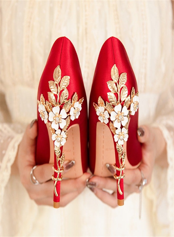 Fashionable Floral Slim Heeled Pointed High Heeled Single Shoes Red