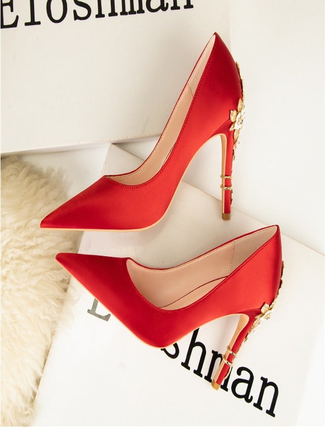 Fashionable Floral Slim Heeled Pointed High Heeled Single Shoes Red