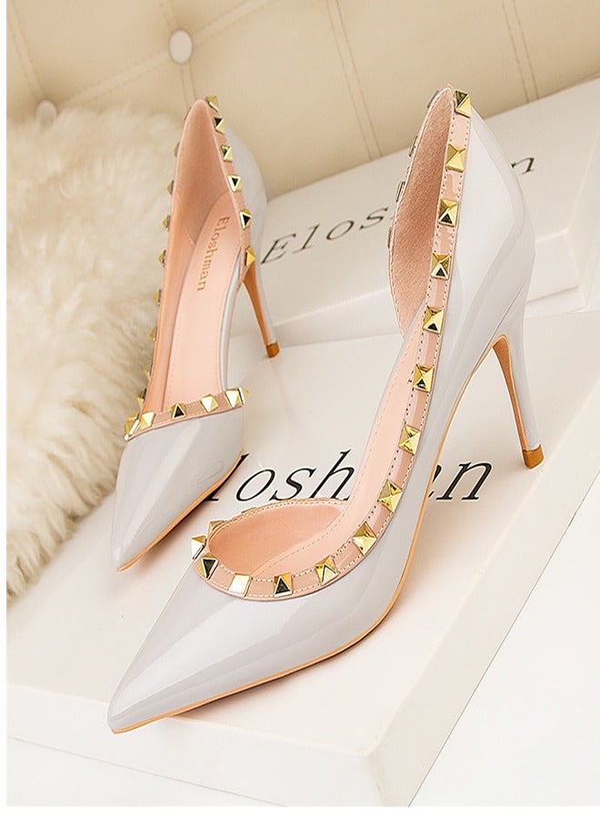 Fashionable Rivet Shallow Cut Pointed Side Hollowed Out Women's Thin Heel High Heels grey