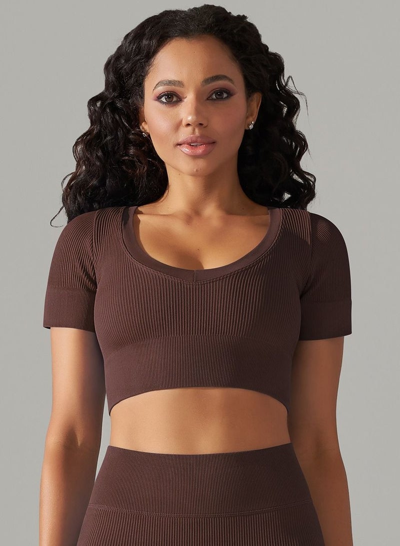 Yoga Tight Fitting Stretch Soft T-shirt Brown