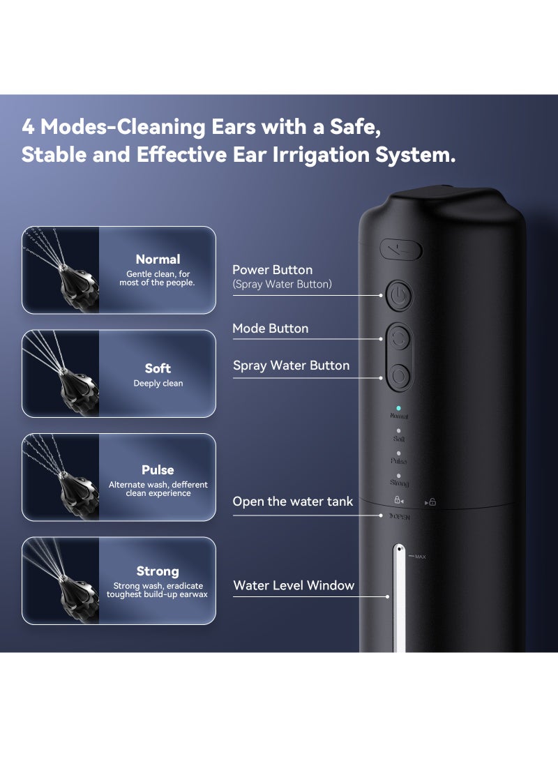 Ear Wax Removal - Electric Ear Irrigation Flushing System - Water Powered Ear Cleaner with 4 Pressure Modes - Safe and Effective Ear Cleaning Tool - Water Resistant USB Rechargeable