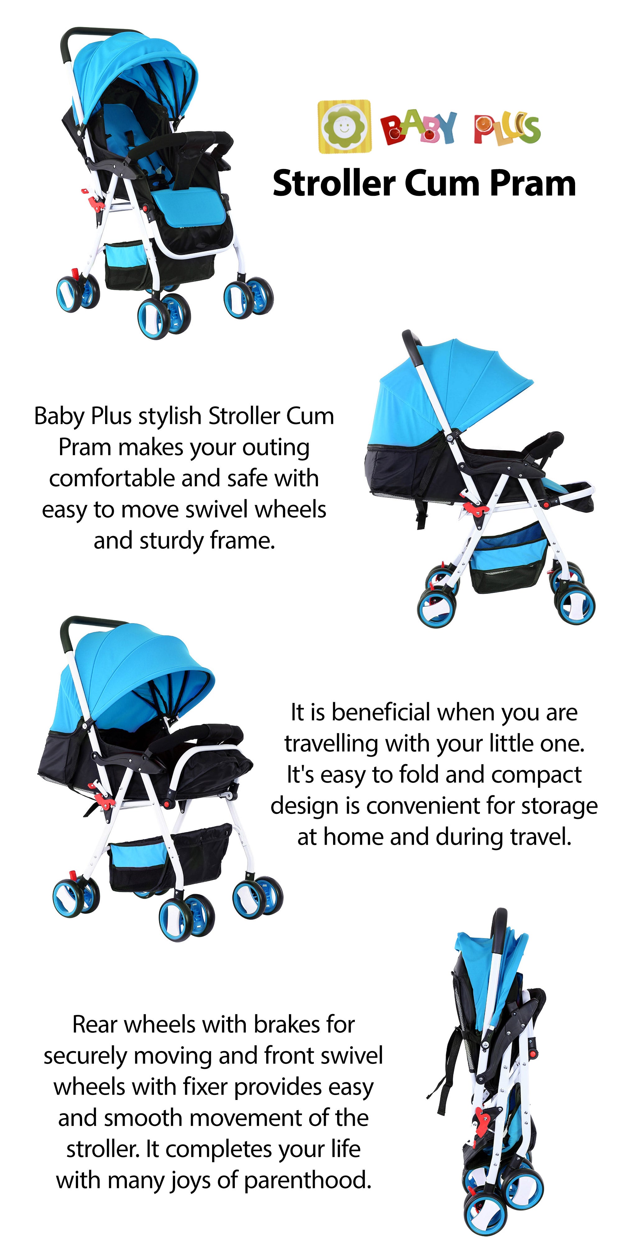 Baby Pram Stroller With Compact And Reversible Handlebar, Footrest, Cushion 5 Point Safety Belt