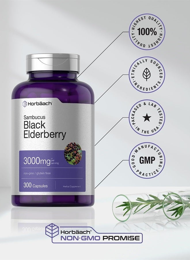 Black Elderberry | 3000mg Capsules | 300 Count | Non-GMO, Gluten Free | Sambucus Supplement