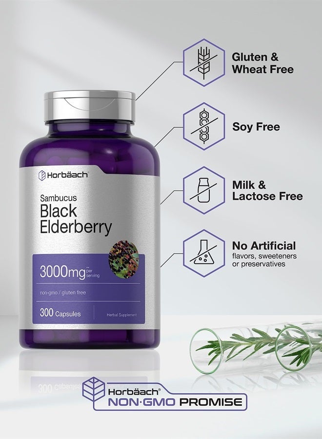 Black Elderberry | 3000mg Capsules | 300 Count | Non-GMO, Gluten Free | Sambucus Supplement