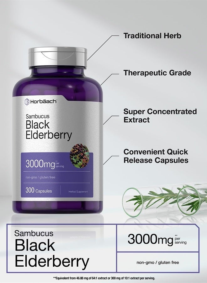 Black Elderberry | 3000mg Capsules | 300 Count | Non-GMO, Gluten Free | Sambucus Supplement