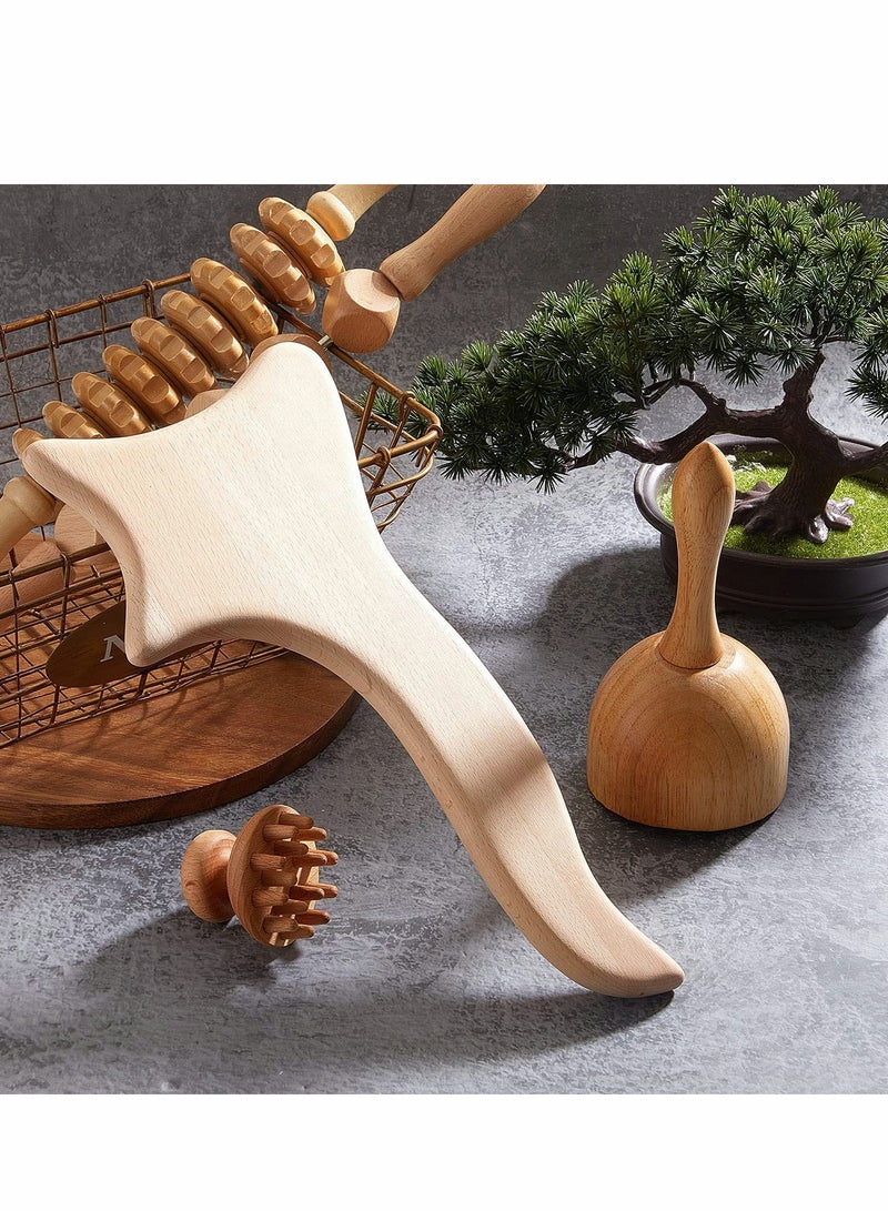 6 Pieces Wood Therapy Massage Tools Kit Wood Massager Roller Wood Gua Sha Roller Manual Wooden Fascia Massage for Release Cellulite Sore Muscle Blasting Full Body Muscle Pain Relief