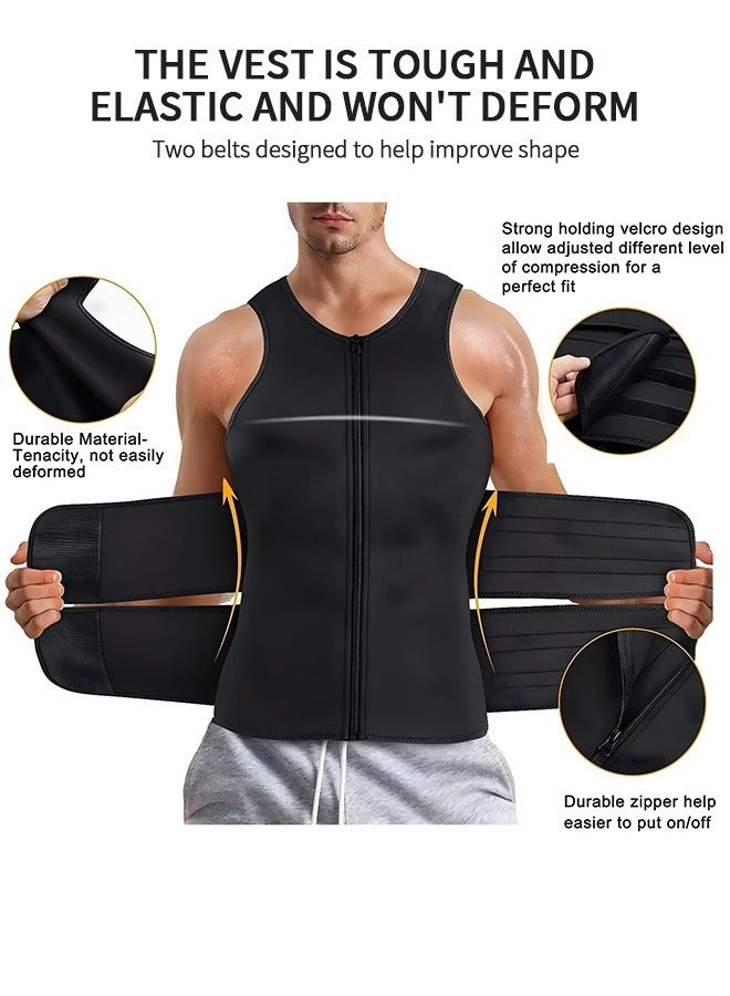 Men's Waist Trainer Sauna Vest Weight Loss Body Shaper Sweat Vest for Men with Double Belt and Zipper, Corset Plus Size L