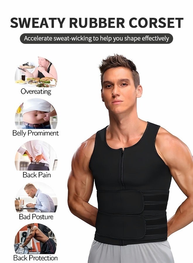 Men's Waist Trainer Sauna Vest Weight Loss Body Shaper Sweat Vest for Men with Double Belt and Zipper, Corset Plus Size L