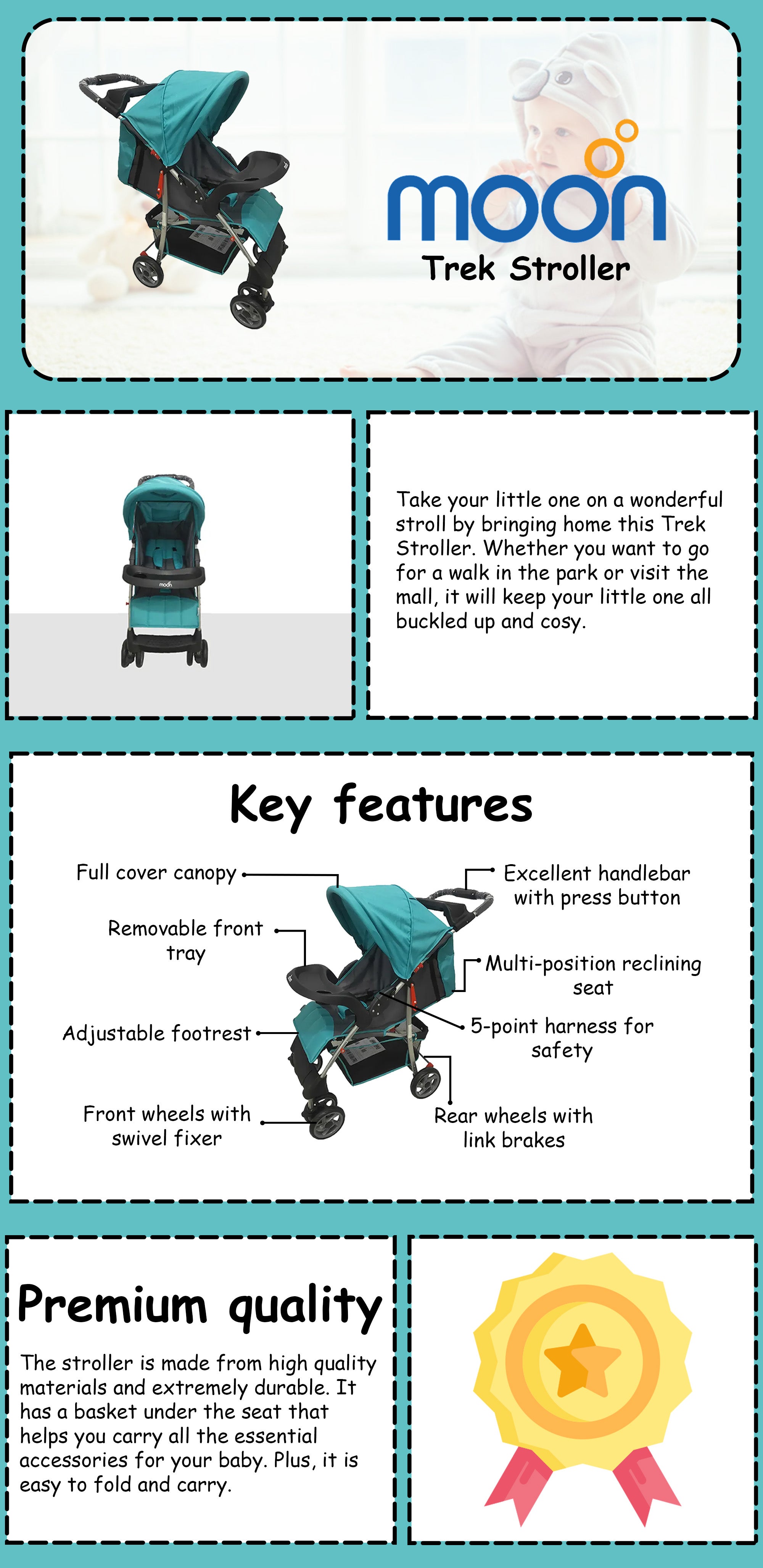 Easy  One Hand Fold Stroller, Multi-Postion Reclining Seat For Infant- Cyan Blue