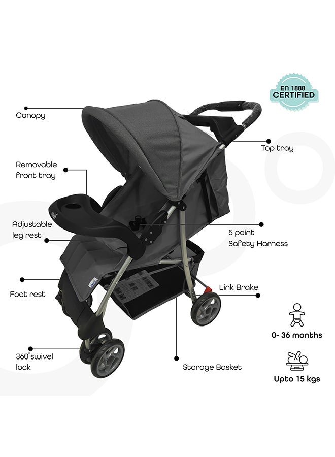 Trek One Fold Adjustable Stroller With Swivel Wheel And Removable Tray - Black