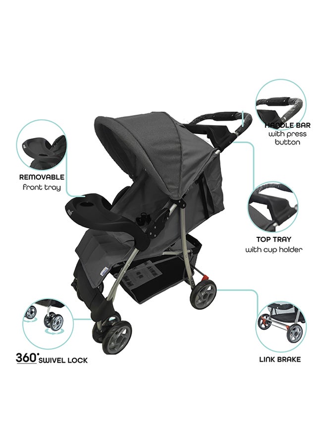 Trek One Fold Adjustable Stroller With Swivel Wheel And Removable Tray - Black