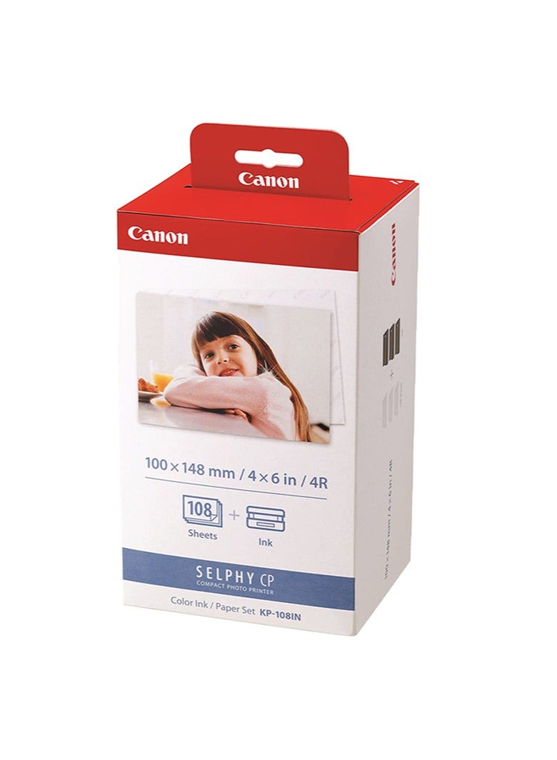 Canon KP-108IN Color Ink Paper Set for Canon Selphy CP910/CP810 Photo Printer, 108 Sheets, White