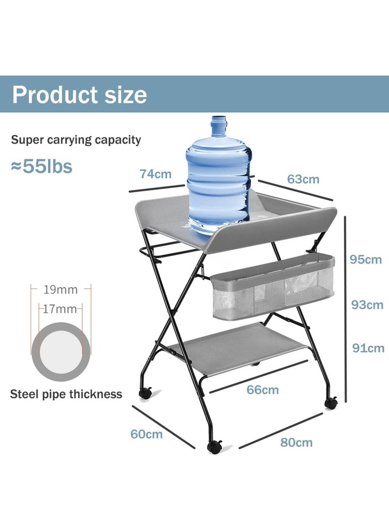 Baby Changing Table,Foldable, Portable,With Wheels, Height Can Be Adjusted In Three Steps,Waterproof Diaper Changing Table Pad Topper