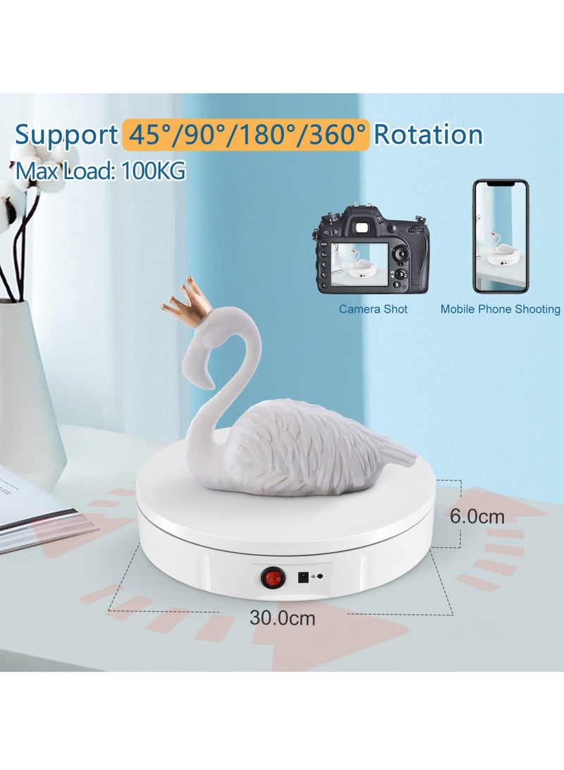 Rotating Display Stand, 30cm Chargable Motorized Display Turntable, 100KG Load Ultra-Quiet 360° Electric Rotating Platform, Speed, Angle and Direction Adjustable for Display Jewelry and Model (White)