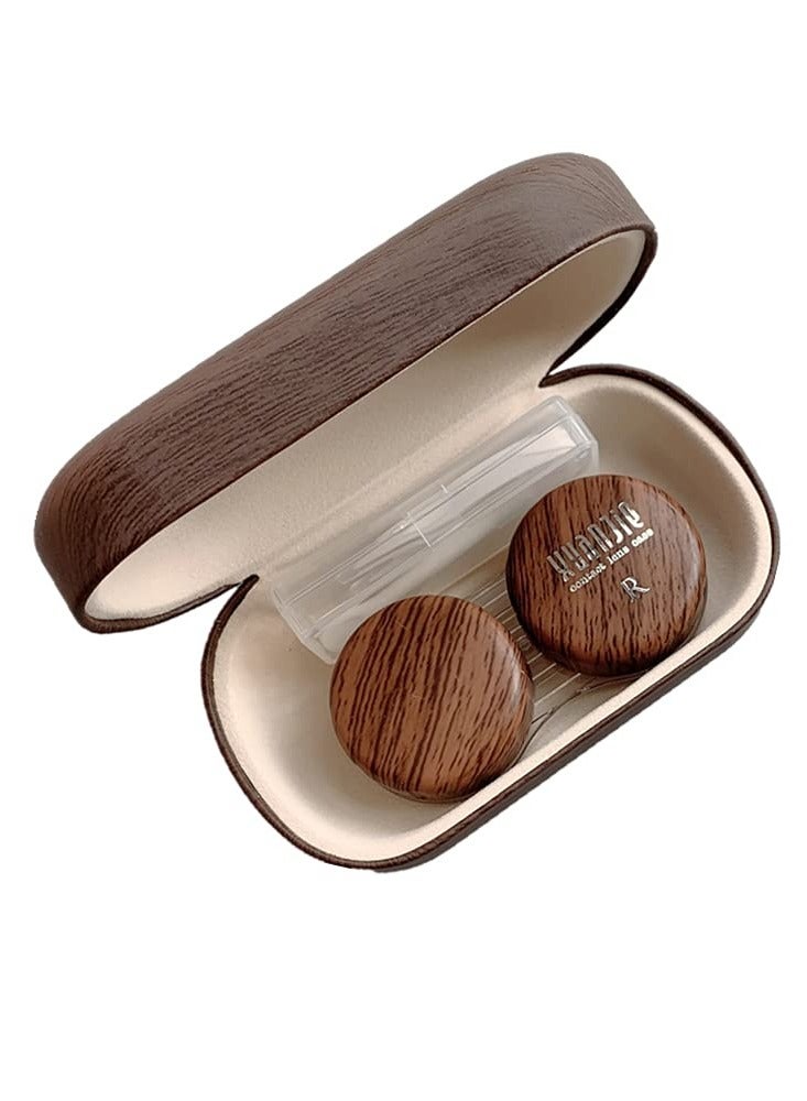 Wood Grain Contact Lens Case Compact Eye Contact Case for Travelling Portable Contact Box with Mirror Rectangle，Cute Colorful Especially Fresh Brown 2 Piece Set