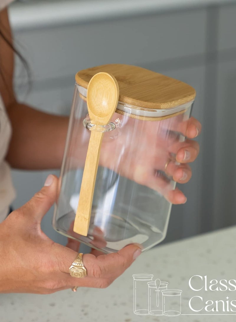 Square Glass Jar - 40 Ounce with Bamboo Lid & Spoon - Airtight Coffee Container for Coffee, Tea, Flour, Sugar, Spices, and More - Functional and Decorative.