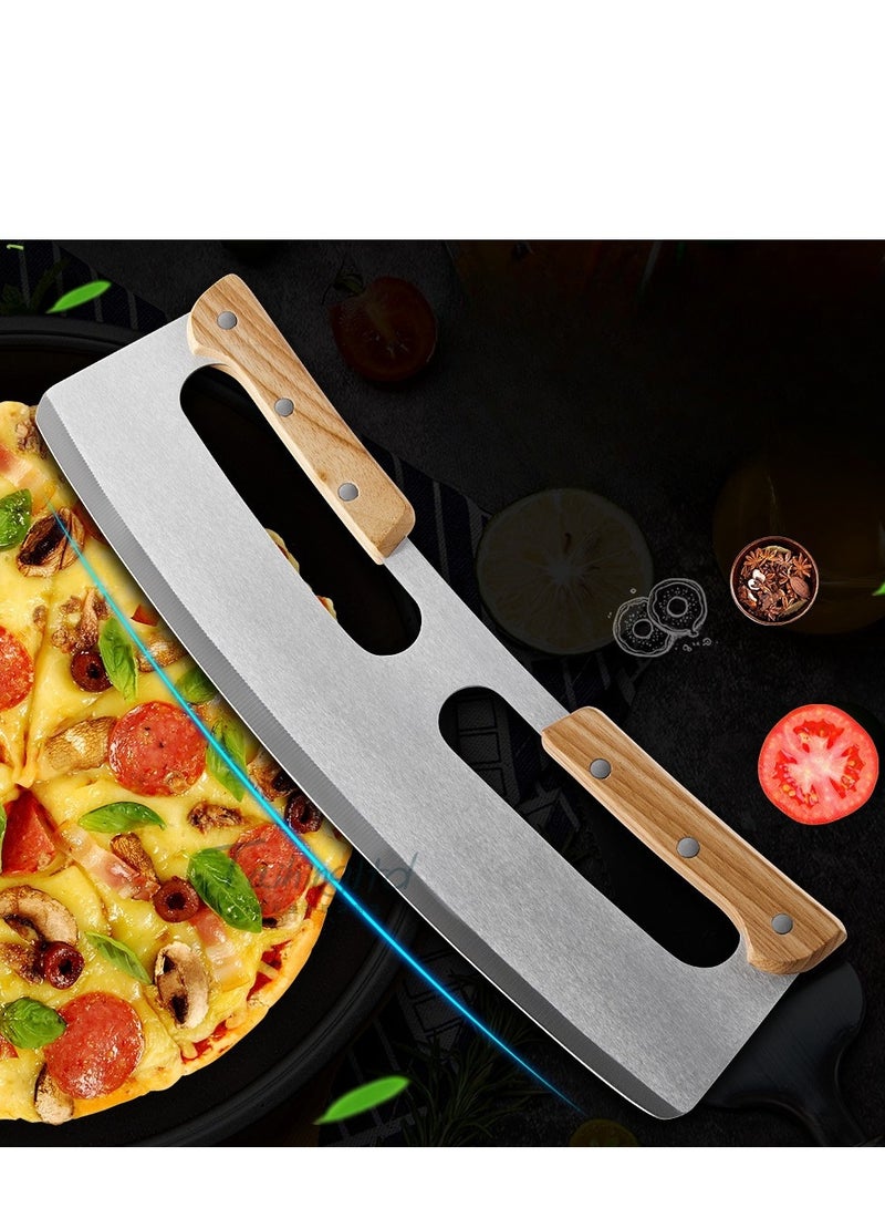 Double Handled Pizza Knife With Wooden Handle And Semi-Circular Pizza Rock Knife Made Of Stainless Steel