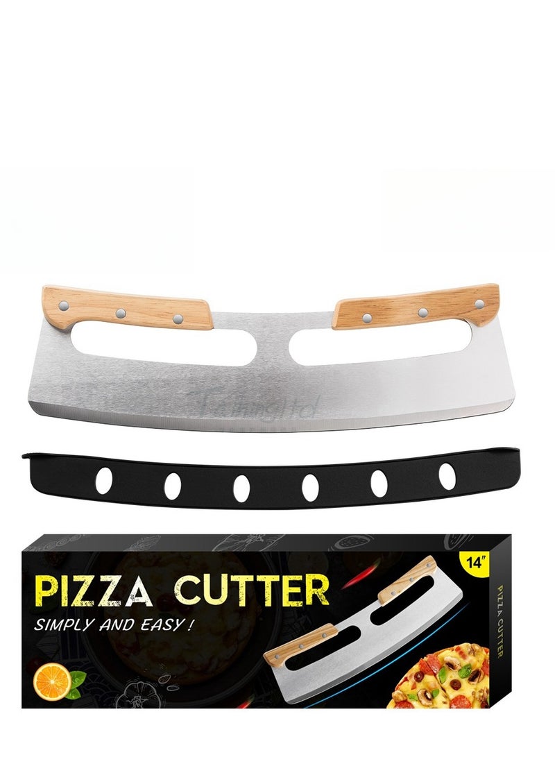 Double Handled Pizza Knife With Wooden Handle And Semi-Circular Pizza Rock Knife Made Of Stainless Steel