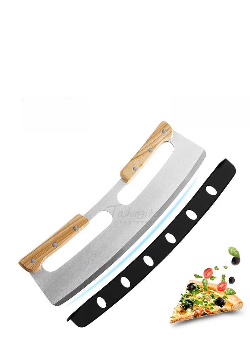 Double Handled Pizza Knife With Wooden Handle And Semi-Circular Pizza Rock Knife Made Of Stainless Steel