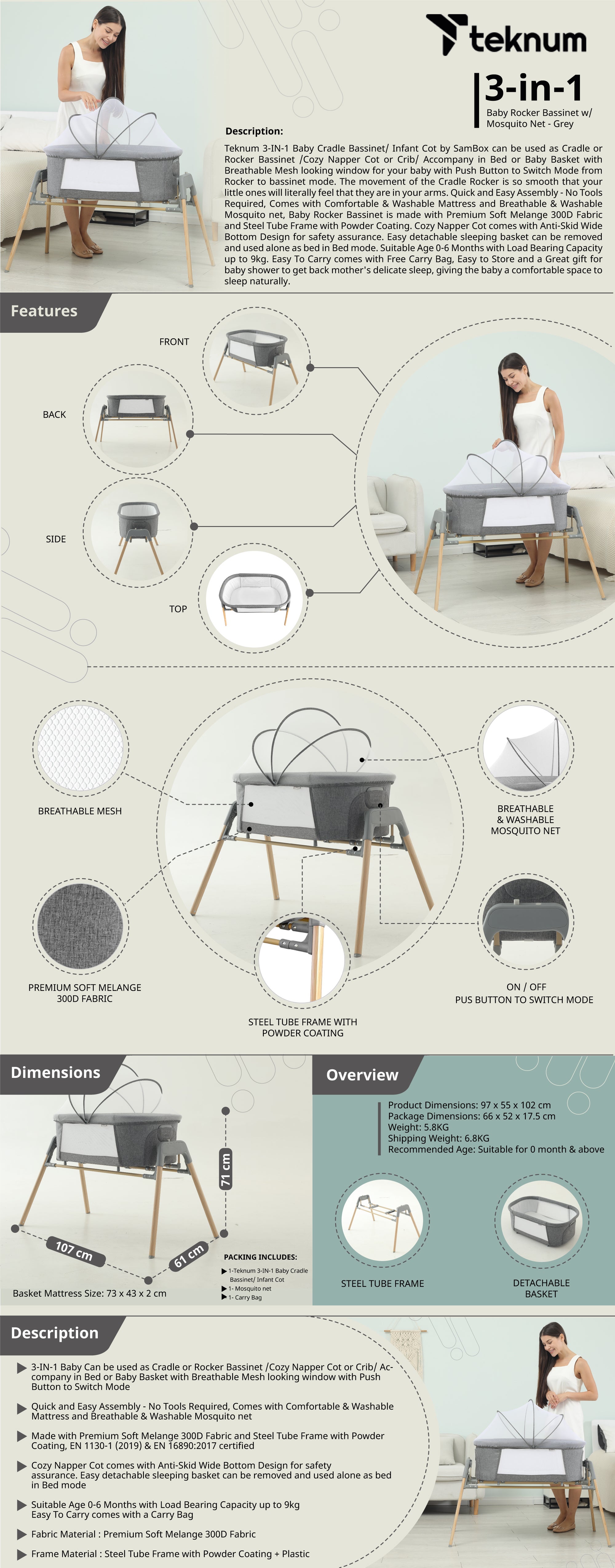 3 - In - 1 Baby Rocker Bassinet , Infant Crib With Mosquito Net - Grey