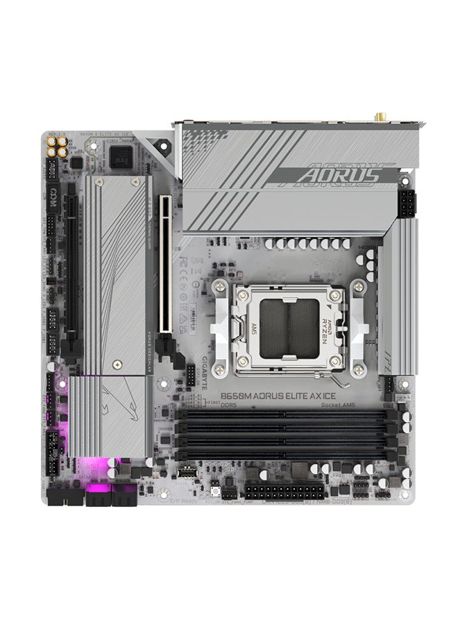 B650M AORUS ELITE AX ICE DDR5 Micro ATX Motherboard, AMD B650 Chipset, AMD Socket AM5, 2xNVMe M.2 SSD, 4 x DDR5 DIMM, PCI 4x16/1x DP/1xHDMI/1 x USB Type-C, Realtek 2.5GbE LAN & Wi-Fi 6E