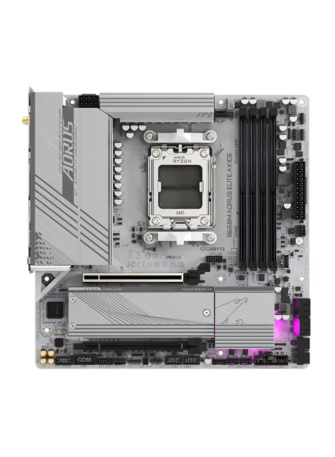 B650M AORUS ELITE AX ICE DDR5 Micro ATX Motherboard, AMD B650 Chipset, AMD Socket AM5, 2xNVMe M.2 SSD, 4 x DDR5 DIMM, PCI 4x16/1x DP/1xHDMI/1 x USB Type-C, Realtek 2.5GbE LAN & Wi-Fi 6E