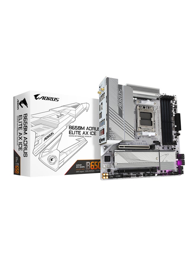 B650M AORUS ELITE AX ICE DDR5 Micro ATX Motherboard, AMD B650 Chipset, AMD Socket AM5, 2xNVMe M.2 SSD, 4 x DDR5 DIMM, PCI 4x16/1x DP/1xHDMI/1 x USB Type-C, Realtek 2.5GbE LAN & Wi-Fi 6E