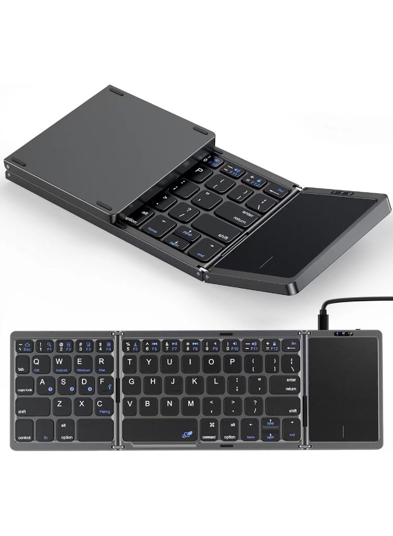 Foldable Bluetooth Keyboard with Touchpad Rechargeable Wireless Portable Keyboard Dual-Mode Bluetooth/USB Wired Pocket-Sized Travel Keyboard for iOS Android Windows Mac OS