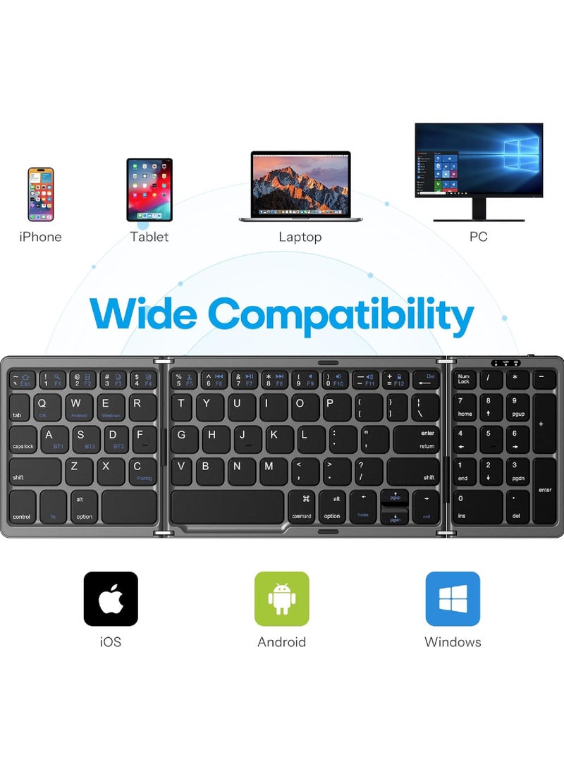 Foldable Bluetooth Keyboard Folding Wireless Keyboard with Number Pad Multi-Device and Rechargeable Keyboard for iPad iPhone Android Windows Laptop Desktop Tablet and PC