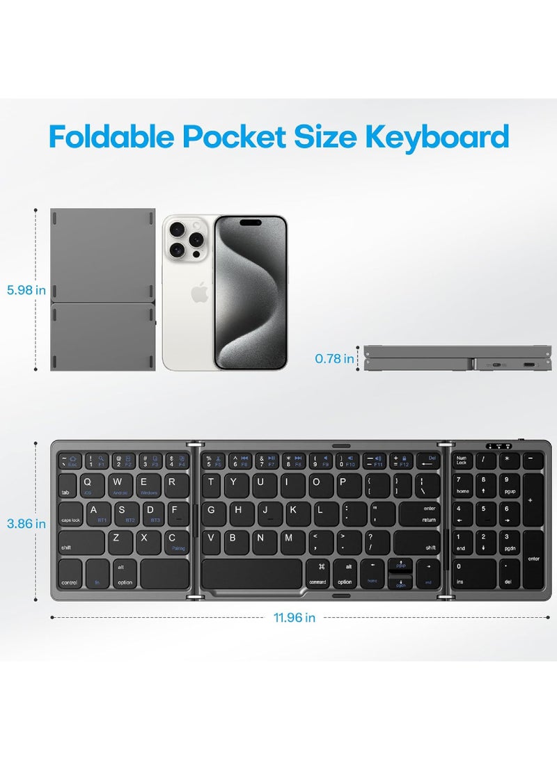 Foldable Bluetooth Keyboard Folding Wireless Keyboard with Number Pad Multi-Device and Rechargeable Keyboard for iPad iPhone Android Windows Laptop Desktop Tablet and PC