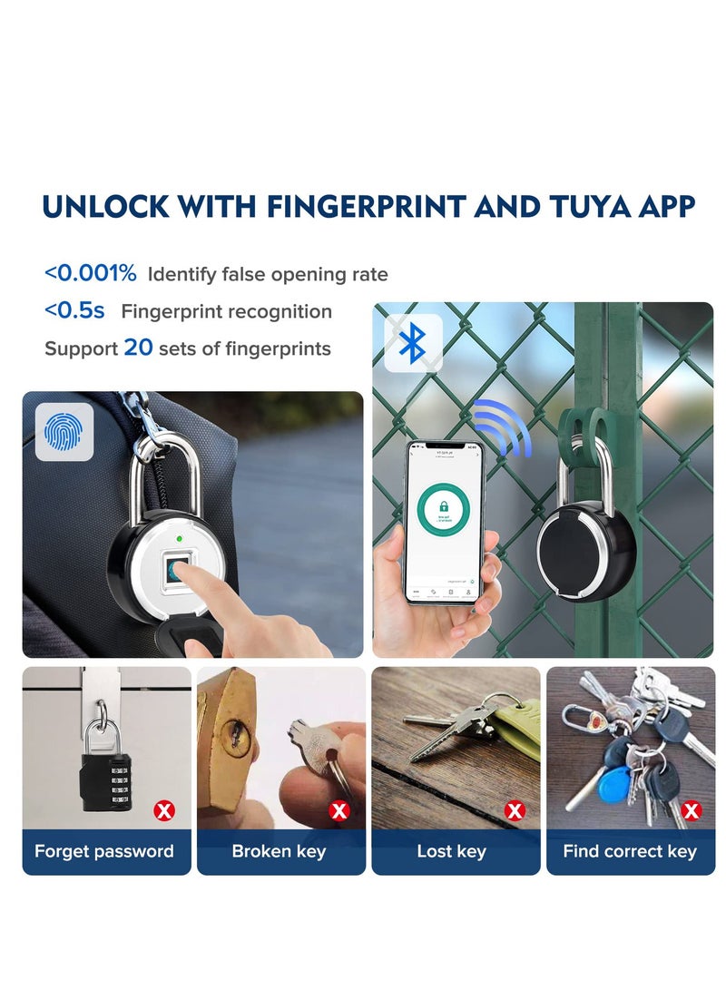 Fingerprint Padlock, Rechargeable USB Keyless Door Smart Lock, IP55 Waterproof Bluetooth APP Fingerprint Locker, Biometric Thumbprint Smart Lock, for Gym, Office, Luggage, Suitcase, Backpack