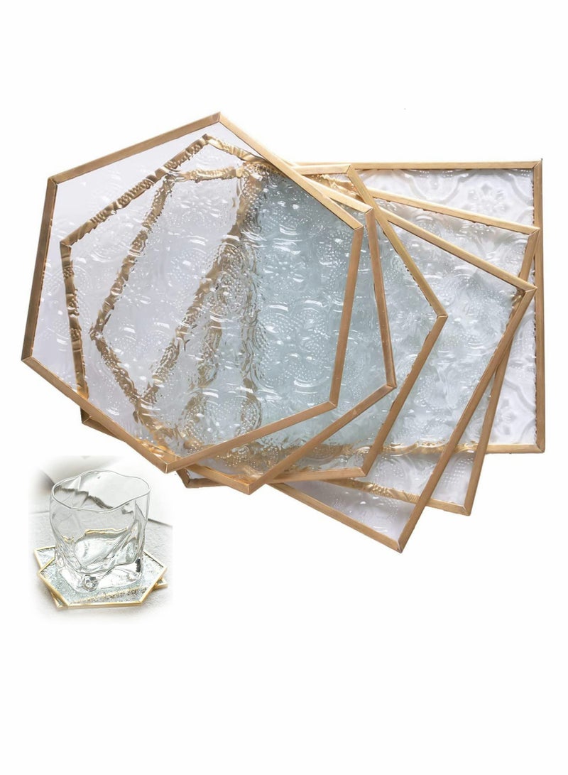 Coaster, Glass Gold Coasters for Drinks, 6 Pcs Coaster Set with Carved Glass Stylish Cup Coaster Set