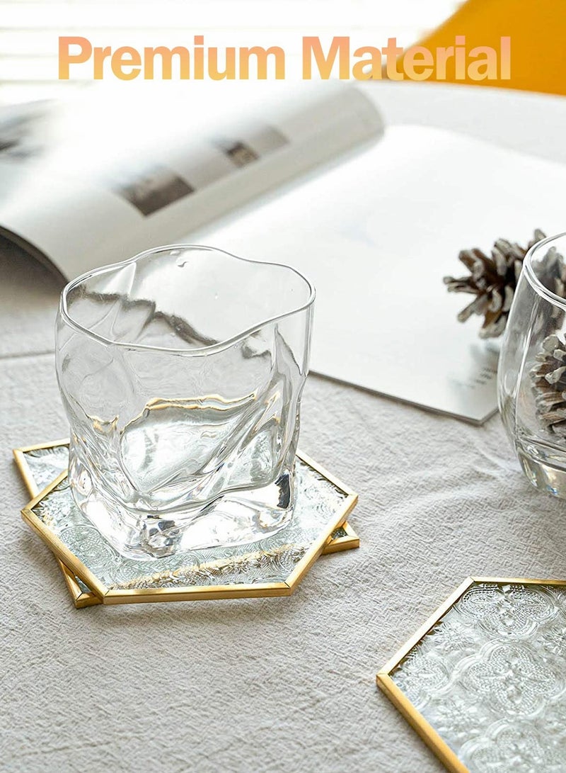 Coaster, Glass Gold Coasters for Drinks, 6 Pcs Coaster Set with Carved Glass Stylish Cup Coaster Set