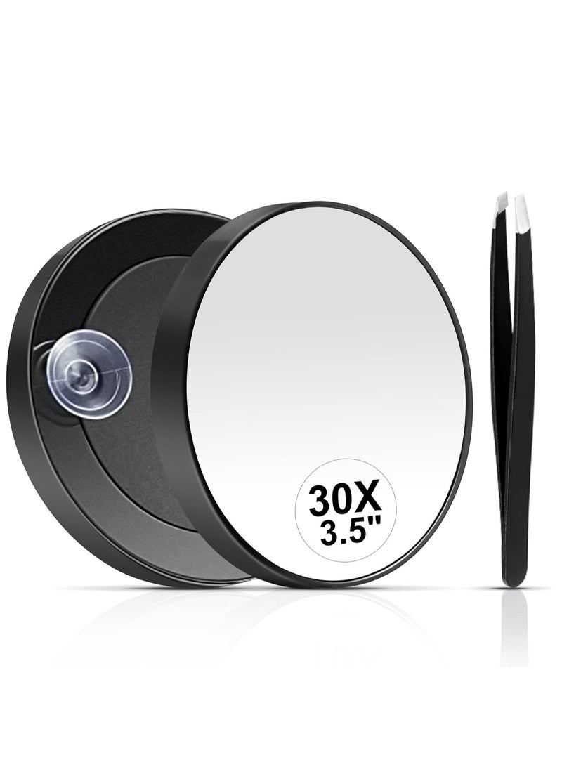 30X Magnifying Mirror, Small Magnifying Mirror with Suction Cup and Tweezers, As a Travel Mganifying Mirror, Compact Mirror Set for Plucking Eyebrows 3.5 Inches