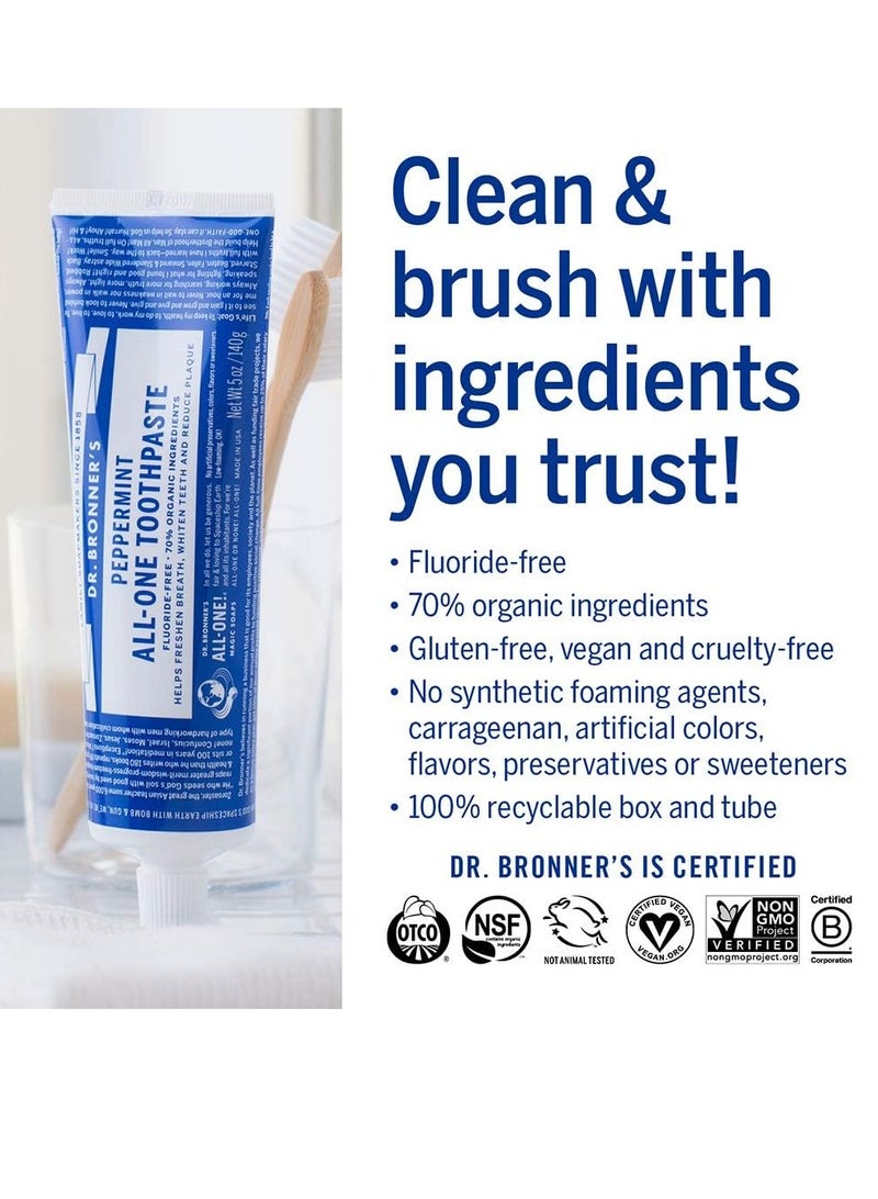 Dr. Bronner’s - All-One Toothpaste (Peppermint, 5 Ounce, 3-Pack) - 70% Organic Ingredients, Natural and Effective, Fluoride-Free, SLS-Free, Helps Freshen Breath, Reduce Plaque, Whiten Teeth, Vegan