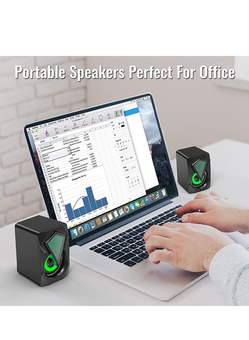 PC Speakers Mini Desktop Speaker for PC with Colorful LED Light Stereo 2.0 USB Powered 3.5mm Aux Portable Gaming Multimedia Speaker