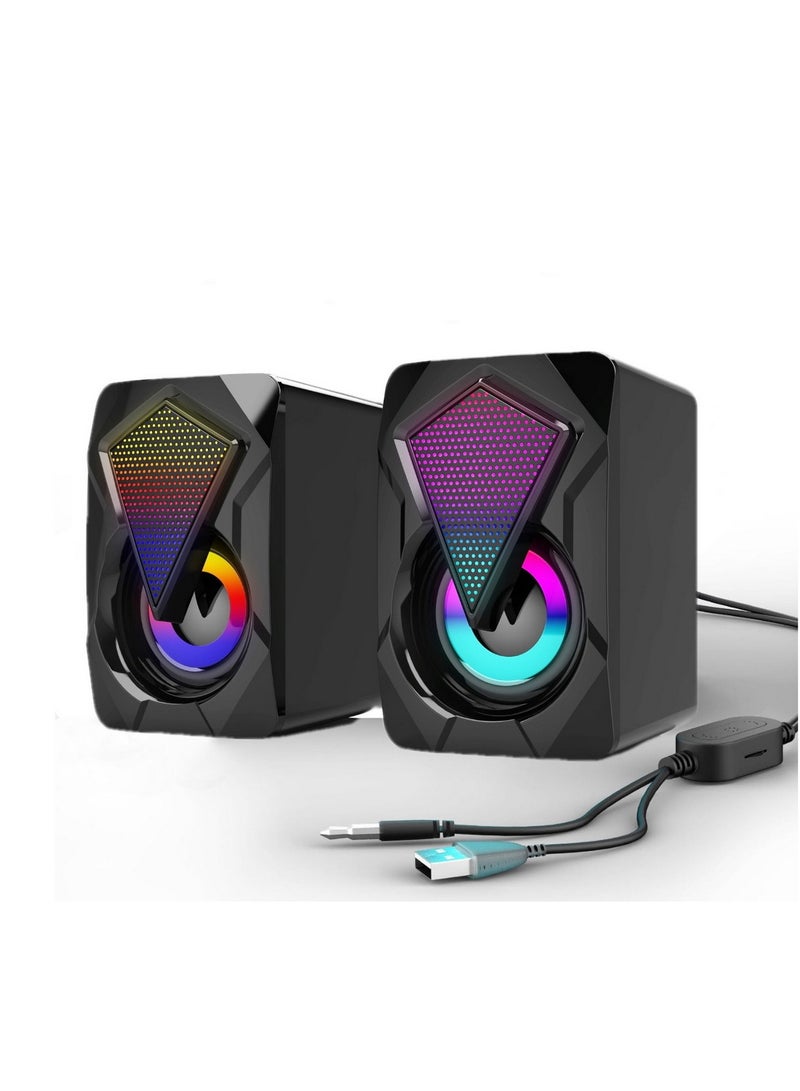 PC Speakers Mini Desktop Speaker for PC with Colorful LED Light Stereo 2.0 USB Powered 3.5mm Aux Portable Gaming Multimedia Speaker