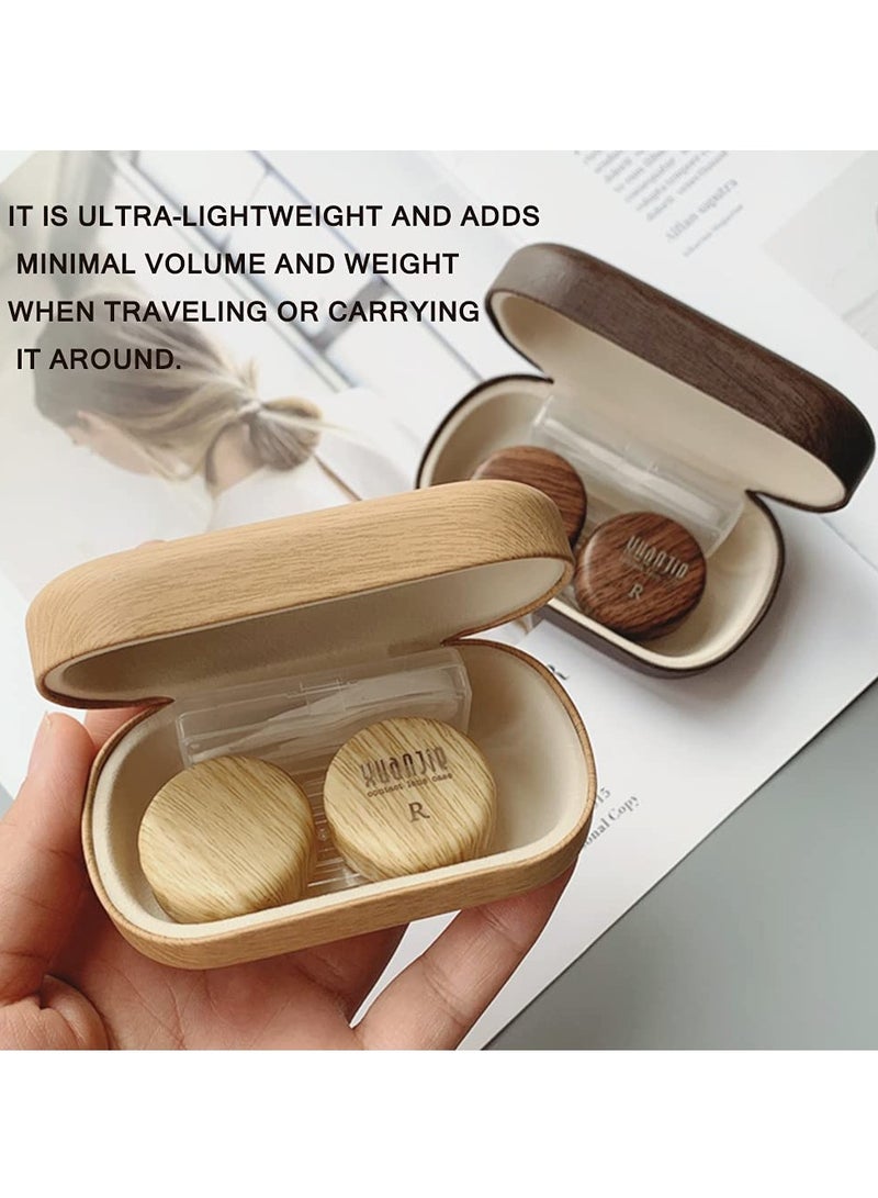 Wood Grain Contact Lens Case Compact Eye Contact Case for Travelling Portable Contact Box with Mirror Rectangle，Cute Colorful Especially Fresh Brown 2 Piece Set