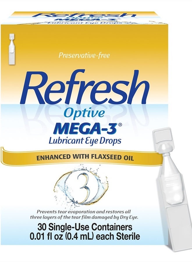 Optive MEGA-3 Lubricant Eye Drops Preservative-Free Artificial Tears, 0.01 fl oz, 0.4 mL, 30 Single-Use Containers