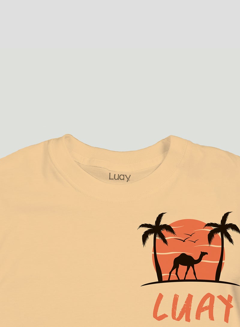 Unisex 100% Bamboo based Ultra- Soft fabric Half Sleeve T-Shirt with Charming Camel Palm Tree Print- Bleached Apricot