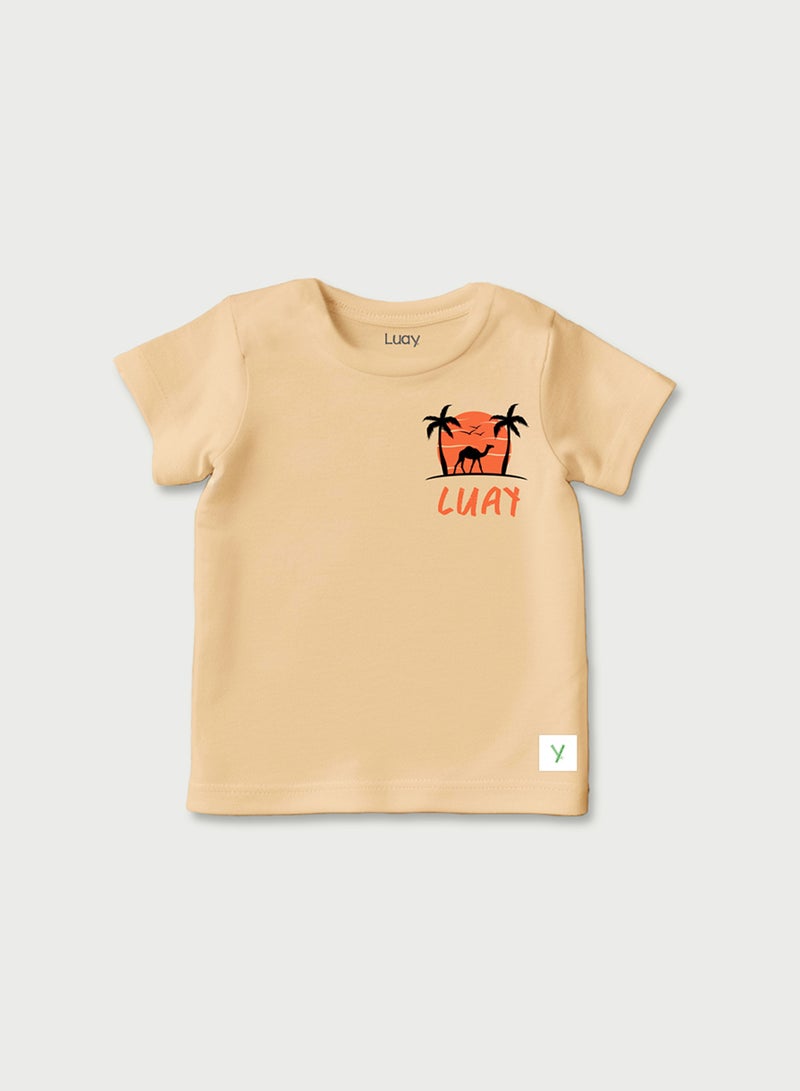 Unisex 100% Bamboo based Ultra- Soft fabric Half Sleeve T-Shirt with Charming Camel Palm Tree Print- Bleached Apricot
