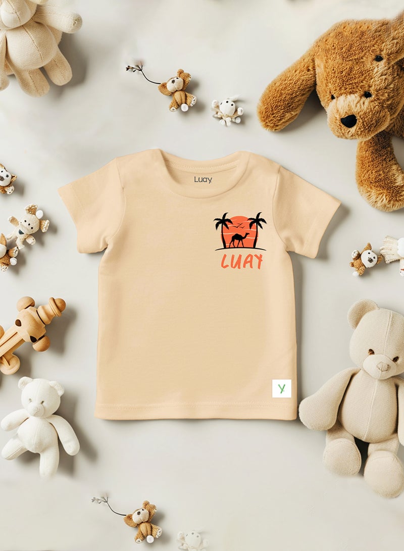 Unisex 100% Bamboo based Ultra- Soft fabric Half Sleeve T-Shirt with Charming Camel Palm Tree Print- Bleached Apricot
