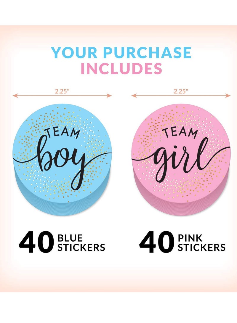 80 Sheets Gender Display Stickers with Gold Foil for Team Boy and Team Girl Labels Pink and Blue Gender Labels for Party Invitations and Voting Games, Baby Shower Labels (Circle)