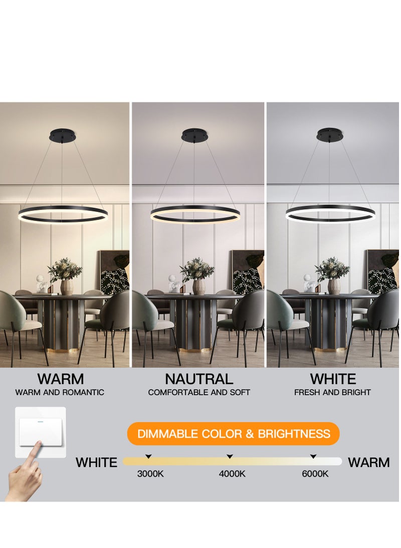 Classic Circular Chandelier Dining Room Table light,Remote Dia 60cm Ring Black Modern LED Chandelier for Bedroom, Acrylic Adjustable Color Temperature Chandelier Lamp(34W,60cm)