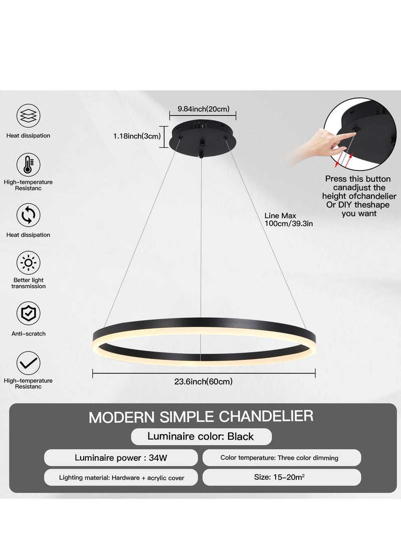 Classic Circular Chandelier Dining Room Table light,Remote Dia 60cm Ring Black Modern LED Chandelier for Bedroom, Acrylic Adjustable Color Temperature Chandelier Lamp(34W,60cm)