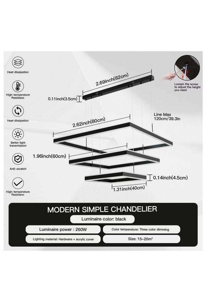 Modern LED Chandelier,Square Shape Dimmable Light Fixture,Black Acrylic Hanging Pendant Lighting LED Chandelier Lamp for Dining Room,Kitchen Room,Dining Table 260W,3000k-6000k