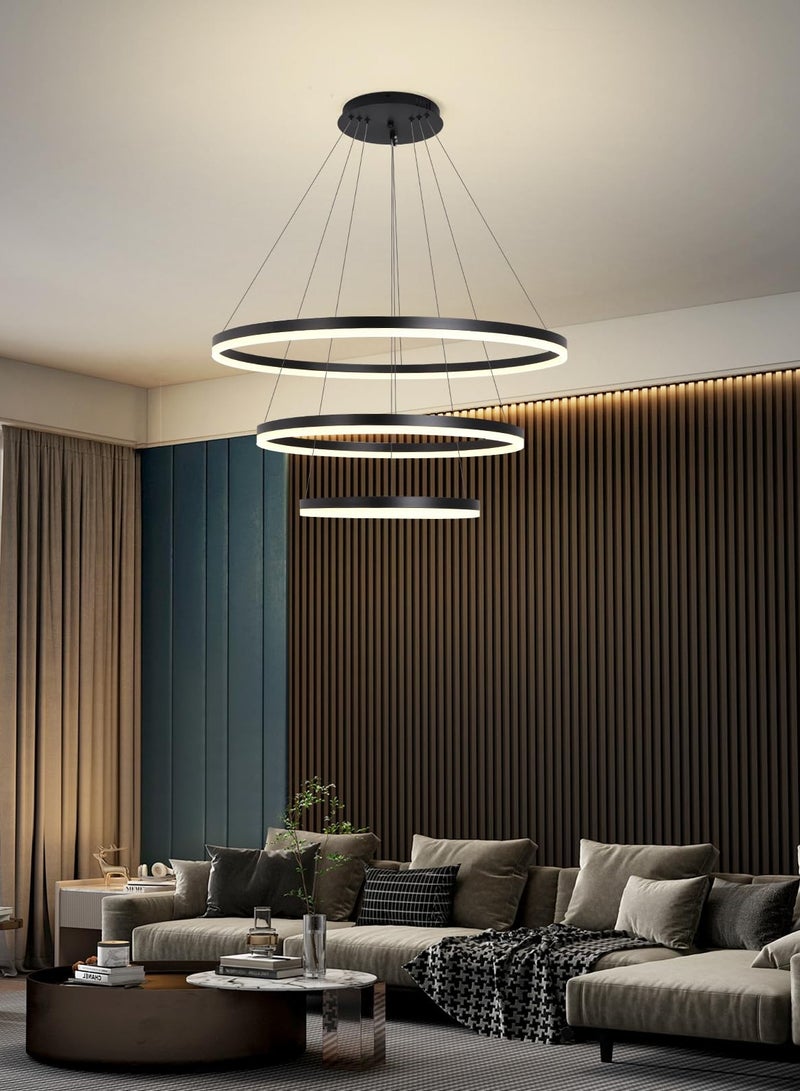 LED Classic Chandelier Living Room,Large dia 80cm 3 Ring Black Modern Simple Chandelier Light,Adjustable Color Temperature Acrylic Chandelier 3 Lamp Ring