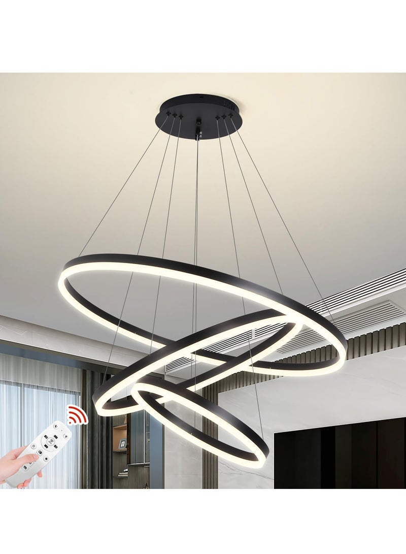 LED Classic Chandelier Living Room,Large dia 80cm 3 Ring Black Modern Simple Chandelier Light,Adjustable Color Temperature Acrylic Chandelier 3 Lamp Ring