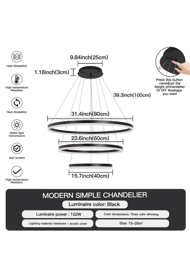 LED Classic Chandelier Living Room,Large dia 80cm 3 Ring Black Modern Simple Chandelier Light,Adjustable Color Temperature Acrylic Chandelier 3 Lamp Ring